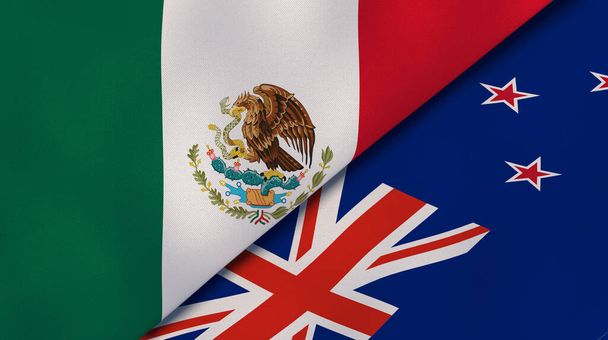 Twee staten vlaggen van Mexico en Nieuw-Zeeland. Hoge kwaliteit zakelijke achtergrond. 3d illustratie - Foto, afbeelding