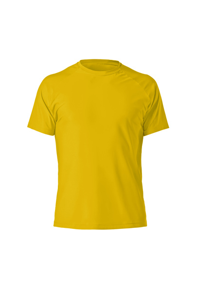 Жовті бавовняні футболки з простим рукавом ізольовані на білому тлі. Стильна кругла комірна сорочка. фотографія Ghost mannequin
 - Фото, зображення