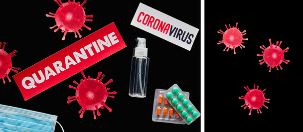 collage of papers with quarantine and coronavirus lettering near medical mask, pills, hand sanitizer and drawn virus isolated on black  - Фото, изображение