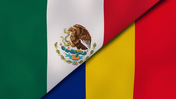 Two states flags of Mexico and Romania. High quality business background. 3d illustration - Photo, Image