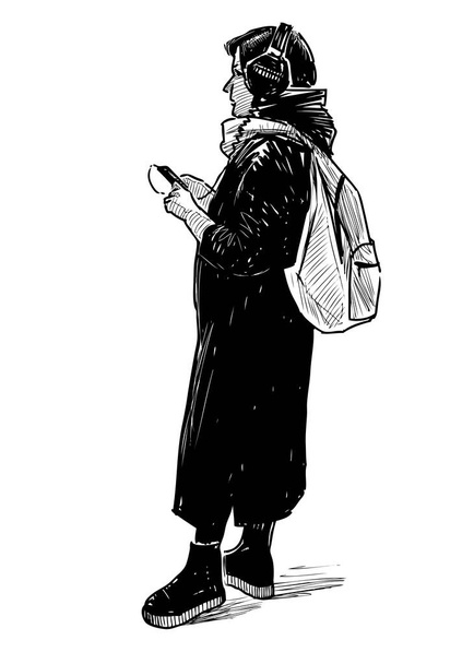 Sketch of young modern city woman in headphones with smartphone and backpack - Vector, Image