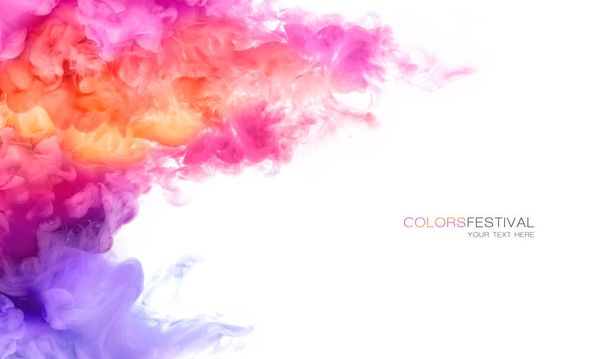 Abstract background banner with colorful pink, purple, orange and yellow shades of colorful ink in water isolated on white background. Festival of colors with sample text. Paint texture. Color Explosion panorama - Photo, Image