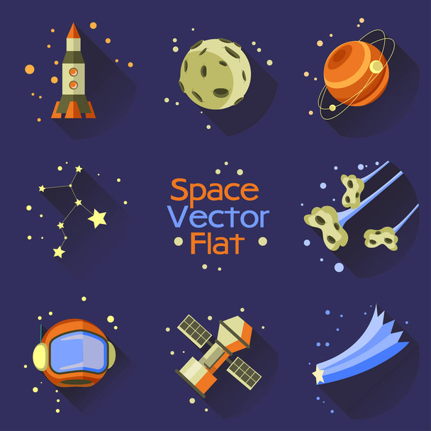 Conjunto de objetos espaciais em um design plano sobre um fundo azul. Ilustração vetorial
 - Vetor, Imagem