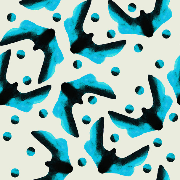 Aquarel naadloos patroon met nachtvlinder, vlinder en stippen. Met de hand getekend pastel lichtblauw op een naakte beige achtergrond. Ontwerp voor stof, textiel, behang, babykamer, verpakking, inpakpapier, kaarten, stickers. - Foto, afbeelding