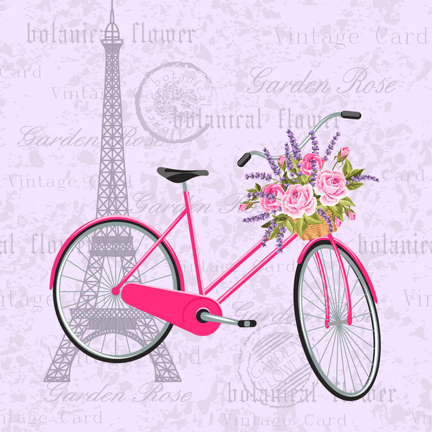 Pink bicycle with a basket full of flowers. Vintage postcard background with eiffel tower. Vector illustration - Vector, afbeelding