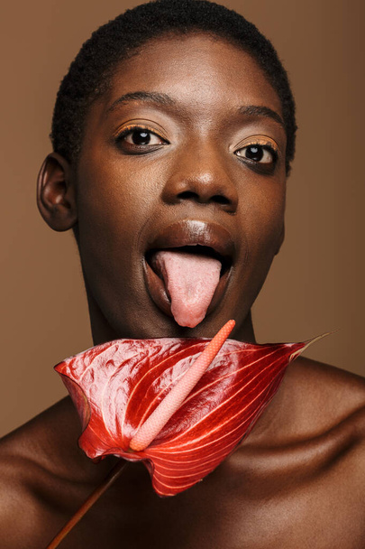 Beauty portrait of pretty young half-naked african woman holding exotic flower isolated over brown background - Φωτογραφία, εικόνα