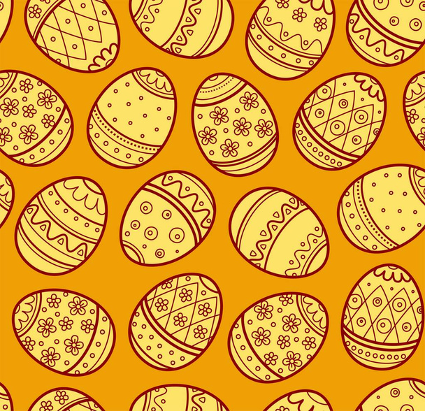 Easter pattern, seamless, yellow eggs. Yellow eggs with a maroon outline. Yellow flat background. Easter vector pattern.  - Вектор,изображение