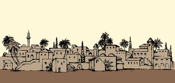 Стареющая ближневосточная антикварная индейка, ориентированная на оазис пальмы, с видом на винтажную башню. Рисунок в стиле ретро-силуэт с местом для текста на белом небе
 - Вектор,изображение