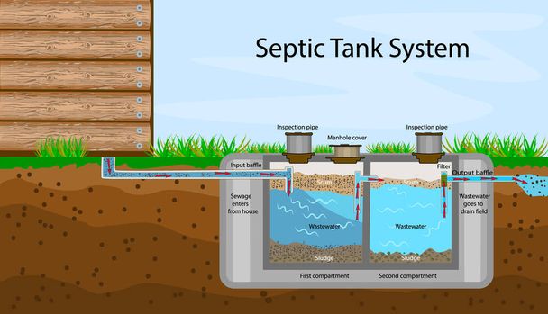 Septic Tank diagram. Septic system and drain field scheme. An underground septic tank illustration. Infographic with text descriptions of a Septic Tank. Domestic wastewater. Flat stock vector illustration - Vector, Image