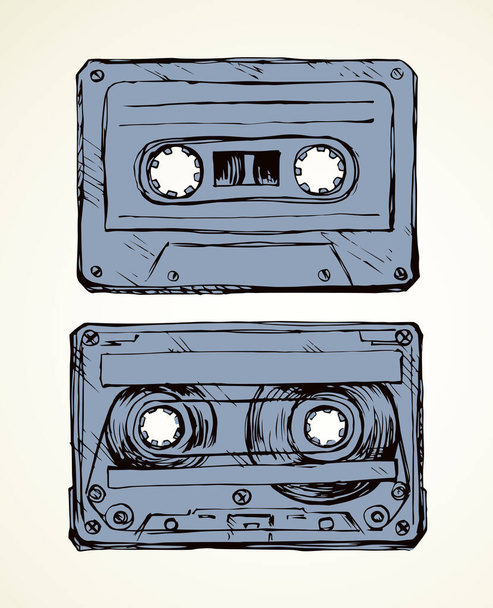 Aged casette design set on white backdrop. Freehand outline black ink hand drawn 90s pop audiocassette object logo pictogram badge sketchy in rock doodle style on paper space for text. Closeup view - Vector, imagen