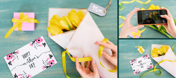 collage of woman taking photo of yellow tulips, gift box, mom tag lettering and greeting card with happy mothers day on textured surface - Zdjęcie, obraz