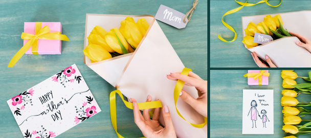 collage of woman touching ribbon near yellow tulips, greeting cards with lettering, gift boxes and mom tags on blue surface  - Foto, afbeelding