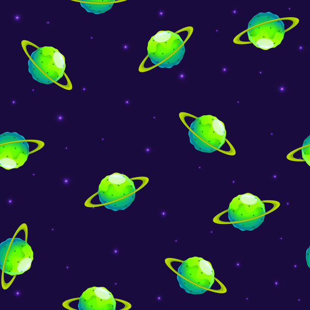 Seamless pattern of cartoon planets. Colorful set of isolated objects. Space background. Colorful universe. Game design. Fantasy space planets for ui galaxy game. EPS 10. - Vector, Image