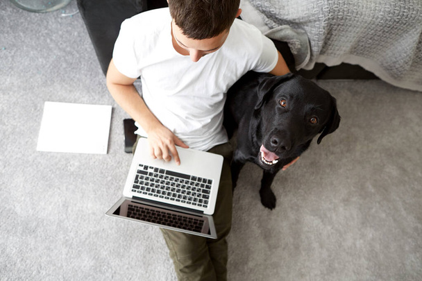 freelancer guy with laptop and dog is working at home in quarantine to coronavirus infection - 写真・画像