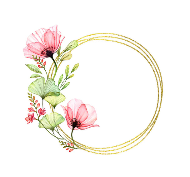Watercolor floral frame. Round golden glitter. Vibrant spring Poppy flowers and place for text. Hand painted illustration for logo and wedding stationery design - 写真・画像
