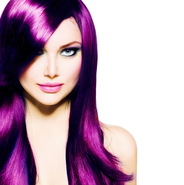 Beautiful Girl with Healthy Long Purple Hair and Blue Eyes - Foto, Imagem