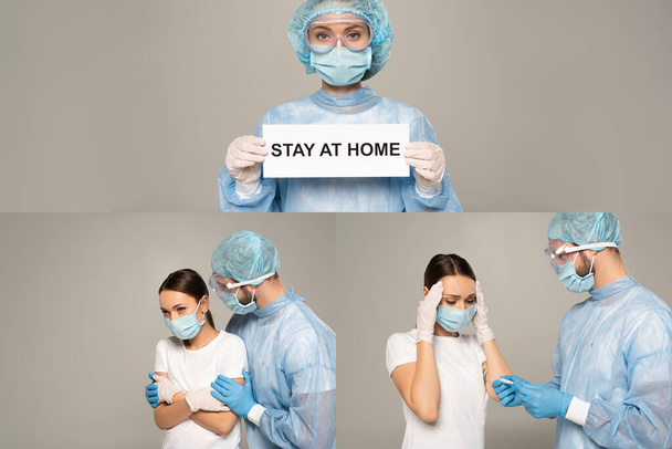 Collage de la tarjeta de retención del médico con la estancia en el texto en casa y el médico que sostiene el termómetro cerca del paciente aislado en gris
 - Foto, Imagen