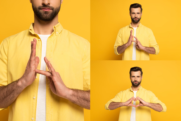 Collage del hombre haciendo gestos en lenguaje sordo y mudo sobre fondo amarillo
 - Foto, imagen