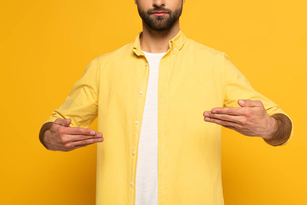 Vista recortada del hombre usando lenguaje sordo y mudo sobre fondo amarillo
 - Foto, imagen