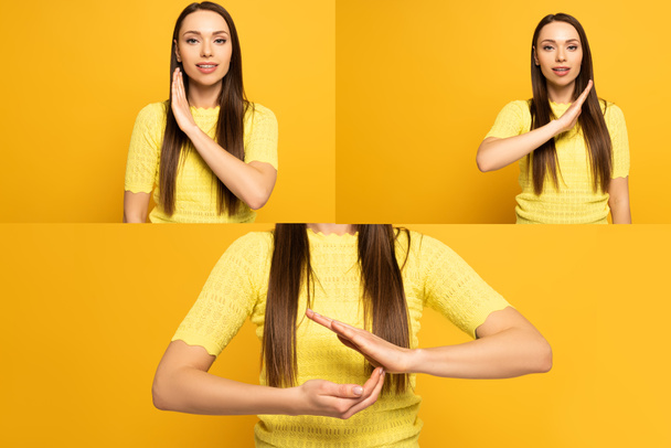 Collage of young woman using deaf and dumb language on yellow background - Zdjęcie, obraz
