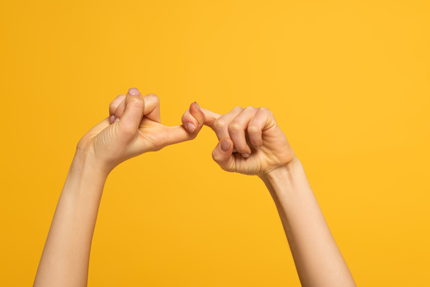 Vista recortada de la mujer que muestra a amigos palabra de lenguaje de señas aislado en amarillo
  - Foto, imagen