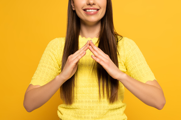 Vista recortada de mulher sorridente mostrando gesto em casa em língua surda e muda em fundo amarelo
 - Foto, Imagem