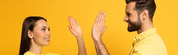 Side view of smiling couple high five isolated on yellow, panoramic shot  - 写真・画像