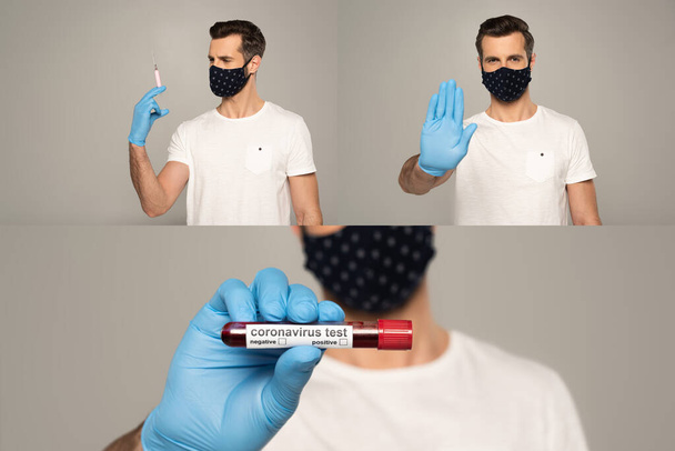 Collage of man in safety mask and latex glove holding syringe, test tube with blood sample and coronavirus lettering and showing stop sign isolated on grey  - Foto, imagen