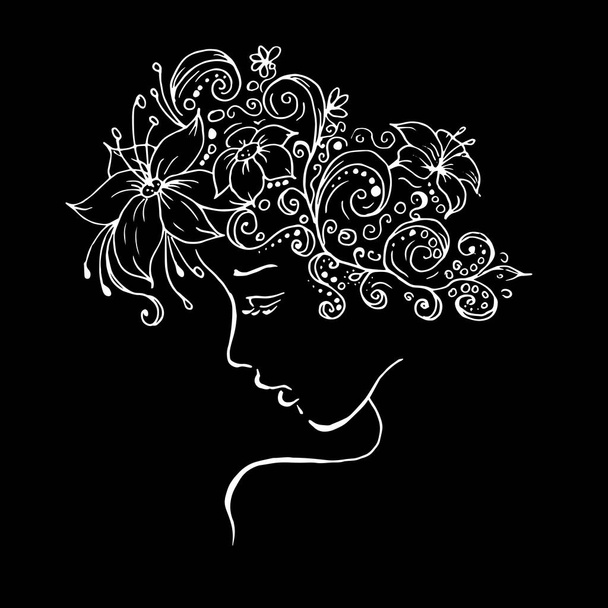 profile of a girl with flowers in her hair. a wreath of lilies and daisies on the head. vector line art drawing - Wektor, obraz