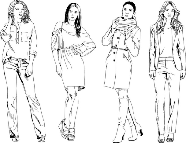 Vektor-Zeichnungen zum Thema schöne schlanke sportliche Mädchen in lässiger Kleidung in verschiedenen Posen gemalte Tusche Handskizze ohne Hintergrund - Vektor, Bild