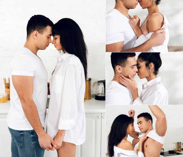 Collage of interracial couple holding hands, kissing, hugging and african american woman undressing man in kitchen and bedroom - Foto, afbeelding