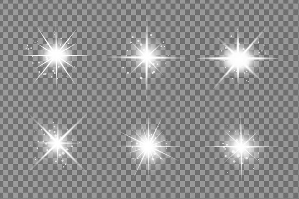 白く輝く光は、透明な背景で爆発します。スパークリング魔法の塵粒子。明るい星。ベクトル輝き - ベクター画像