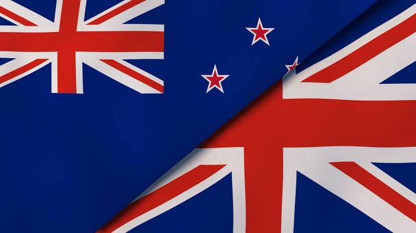 Új-Zéland és az Egyesült Királyság két állami lobogója. Kiváló minőségű üzleti háttér. 3d illusztráció - Fotó, kép