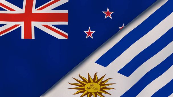 Új-Zéland és Uruguay két állami lobogója. Kiváló minőségű üzleti háttér. 3d illusztráció - Fotó, kép