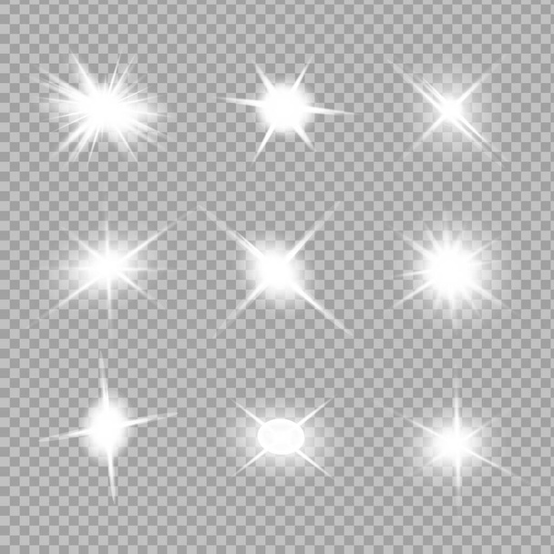 Wit gloeiend licht explodeert op een transparante achtergrond. Gloeiende magische stofdeeltjes. Heldere ster. Vector glinstert - Vector, afbeelding