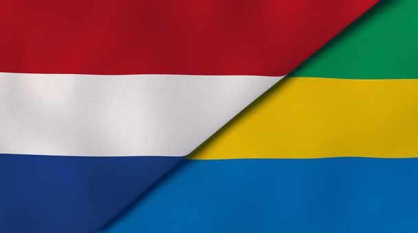 Two states flags of Netherlands and Gabon. High quality business background. 3d illustration - Photo, Image