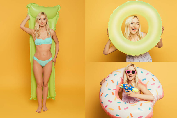 collage of attractive, cheerful girl holding swim rings, inflatable mattress and water gun on yellow background - Photo, Image