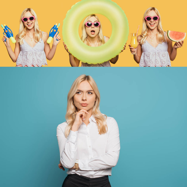 collage de mujer de negocios pensativa en azul, y mujer emocionada con pistola de agua, anillo de natación, jugo de naranja y sandía en amarillo
 - Foto, Imagen