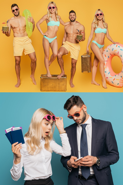 collage di uomini d'affari sorpresi con passaporti e biglietti aerei che guardano lo smartphone sul blu e coppia felice che riposa sulla spiaggia sul giallo
 - Foto, immagini