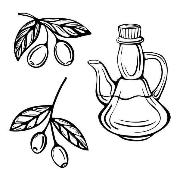 Käsin piirretty sarja oliivin oksat ja oliiviöljyn pullot eristetty valkoisella pohjalla. Extra-neitsytoliiviöljy. Vintage-tyyliin. Vektorin kuvitus Doodle-tyyliin
 - Vektori, kuva