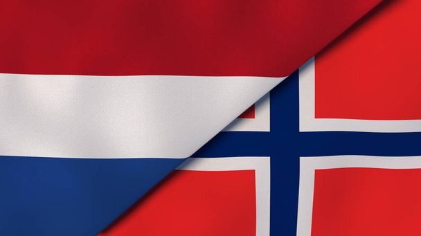 Zwei Staaten Flaggen der Niederlande und Norwegen. Hochwertiger geschäftlicher Hintergrund. 3D-Illustration - Foto, Bild