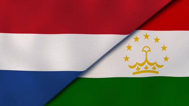 Δύο κράτη σημαίες της Ολλανδίας και του Τατζικιστάν. Επαγγελματικό υπόβαθρο υψηλής ποιότητας. 3D εικονογράφηση - Φωτογραφία, εικόνα