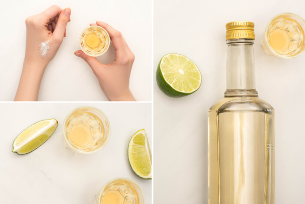 collage of woman drinking tequila with lime and salt on white marble surface - Foto, imagen