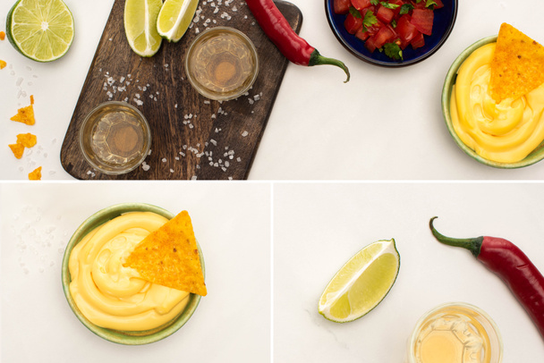 collage van gouden tequila met limoen, chili peper, zout, nacho 's, kaassaus, houten snijplank op wit marmeren oppervlak - Foto, afbeelding