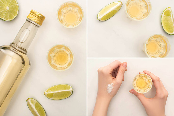 Collage einer Frau, die goldenen Tequila mit Limette trinkt, Salz auf weißem Marmor - Foto, Bild