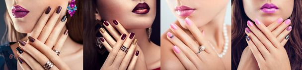 Design de arte de unhas. Quatro olhares de mulher com maquiagem diferente e manicure roxo cor-de-rosa borgonha. Jóias da moda. Retratos de beleza
 - Foto, Imagem