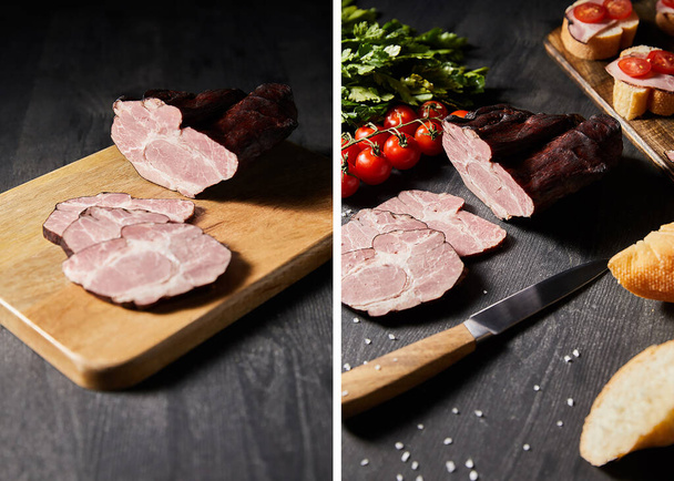 collage of tasty ham sliced ham on cutting board and with cherry tomatoes, parsley, salt, knife and baguette on wooden grey table - Valokuva, kuva