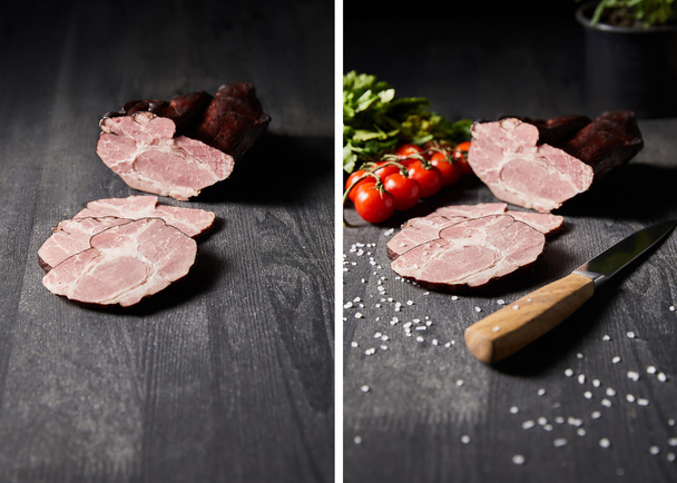 collage of tasty ham sliced ham, cherry tomatoes, parsley, salt, knife on wooden grey table - 写真・画像