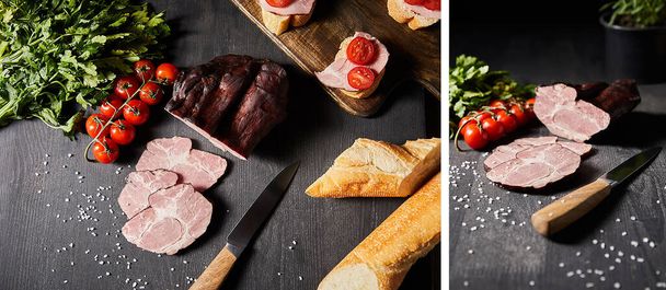 collage of tasty ham sliced ham, cherry tomatoes, parsley, salt, knife and baguette on wooden grey table with canape - Photo, image
