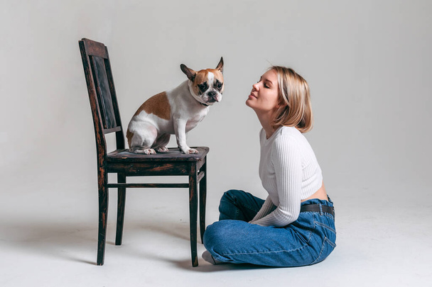 Ranskalainen bulldog istuu tuolilla ja kommunikoi rakastajattarensa kanssa nuori tyttö valkoisessa puserossa valkoisella taustalla.
 - Valokuva, kuva
